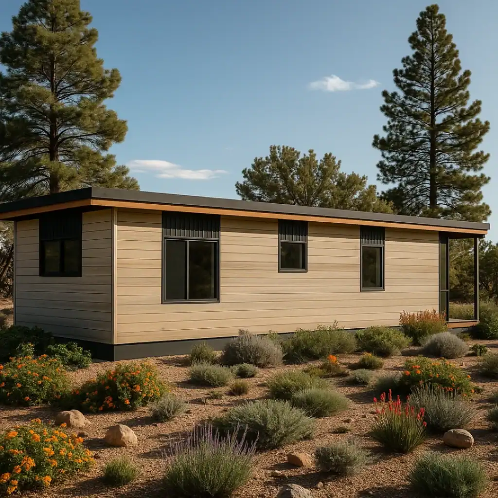 Contemporary Zip Kit home with beige siding and black trim in a natural landscape.