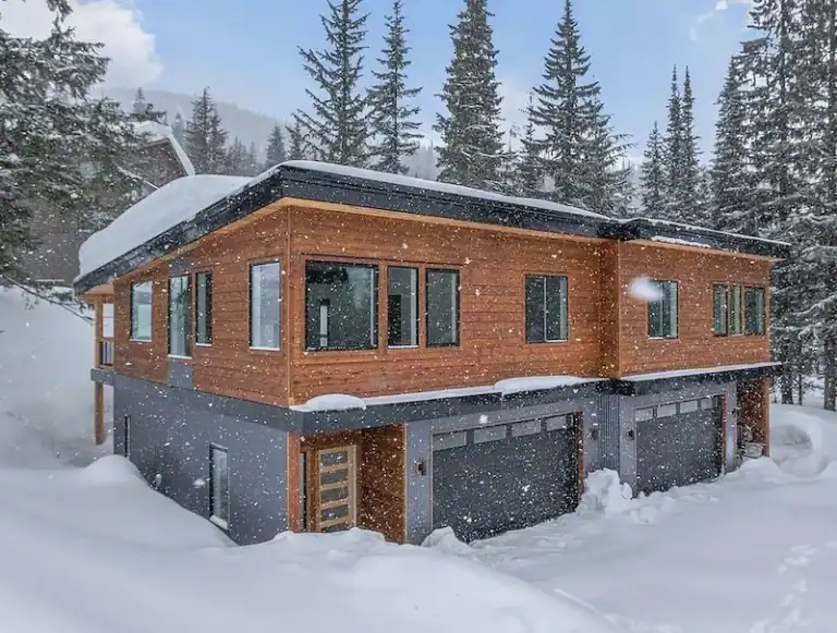 Contemporary Zip Kit home with large windows in snowy forest setting.