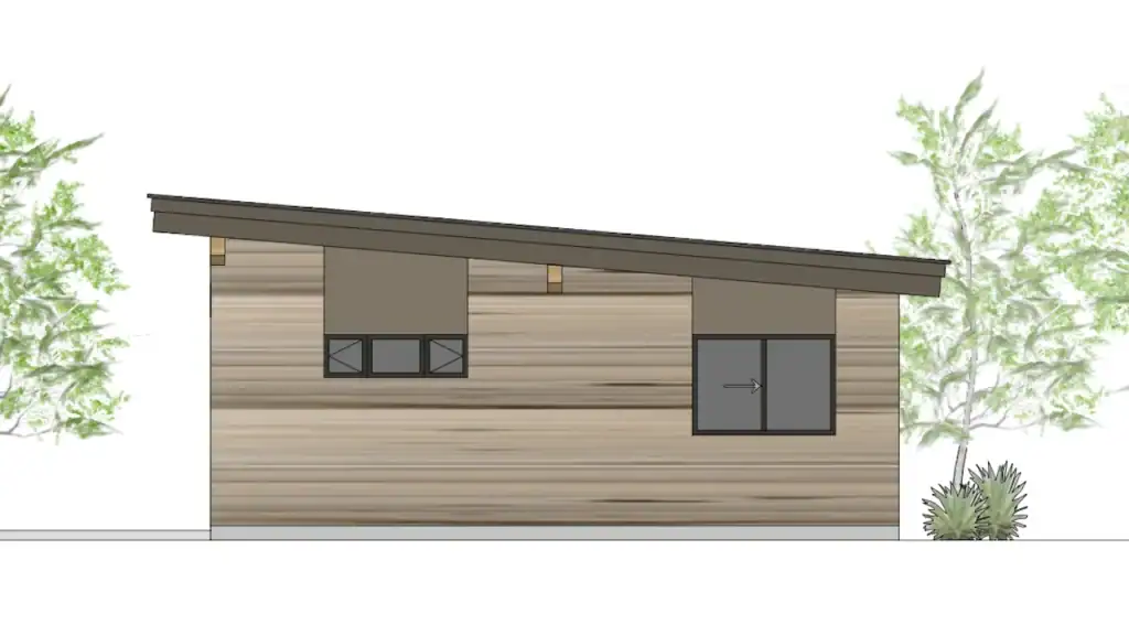 Contemporary Zip Kit Home with sloped roof and wood siding.