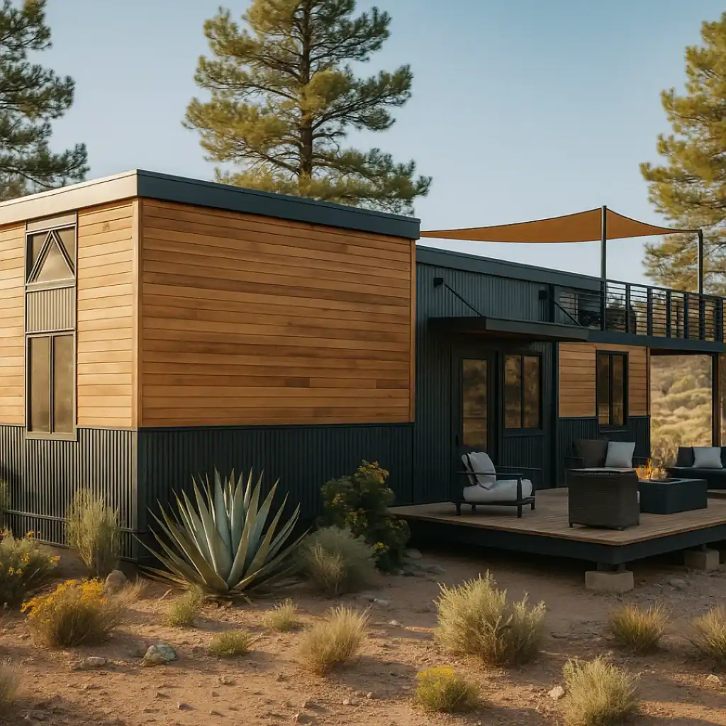 Contemporary Zip Kit home with wooden and metal exterior in natural setting.