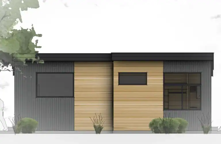 Contemporary Zip Kit home with mixed wood and metal siding, large windows, and minimalist style.