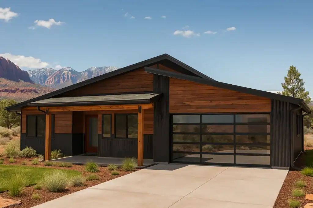 Oakley home exterior with attached garage, landscaped yard, and modern rooflines