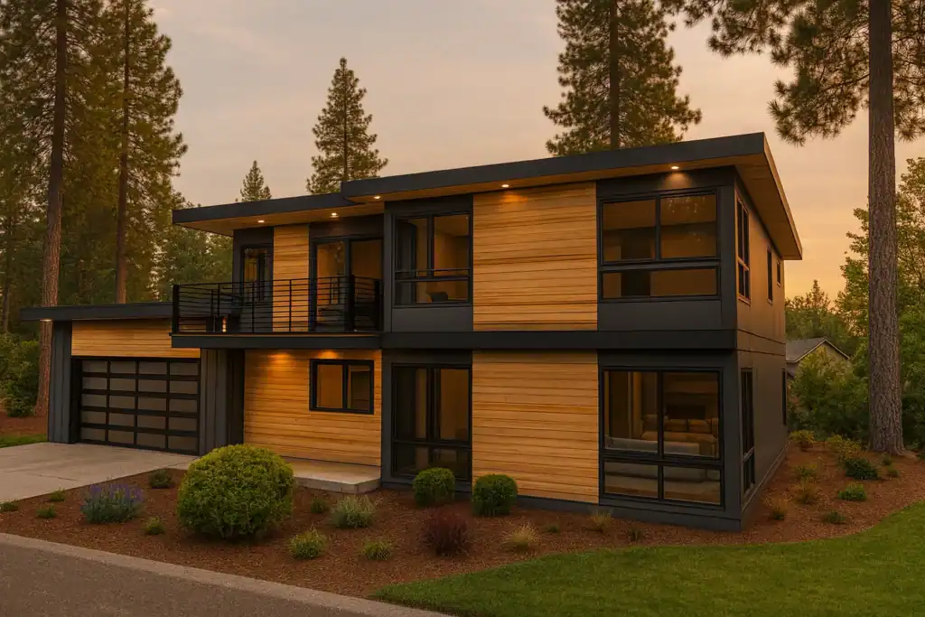Modern Olympic home with balcony and garage surrounded by pine trees and mountain views