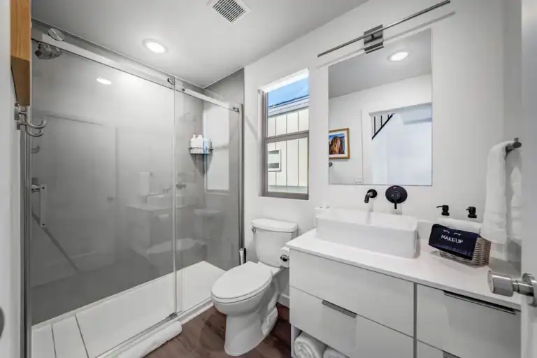 Contemporary bathroom with walk-in shower and vanity in modular home.