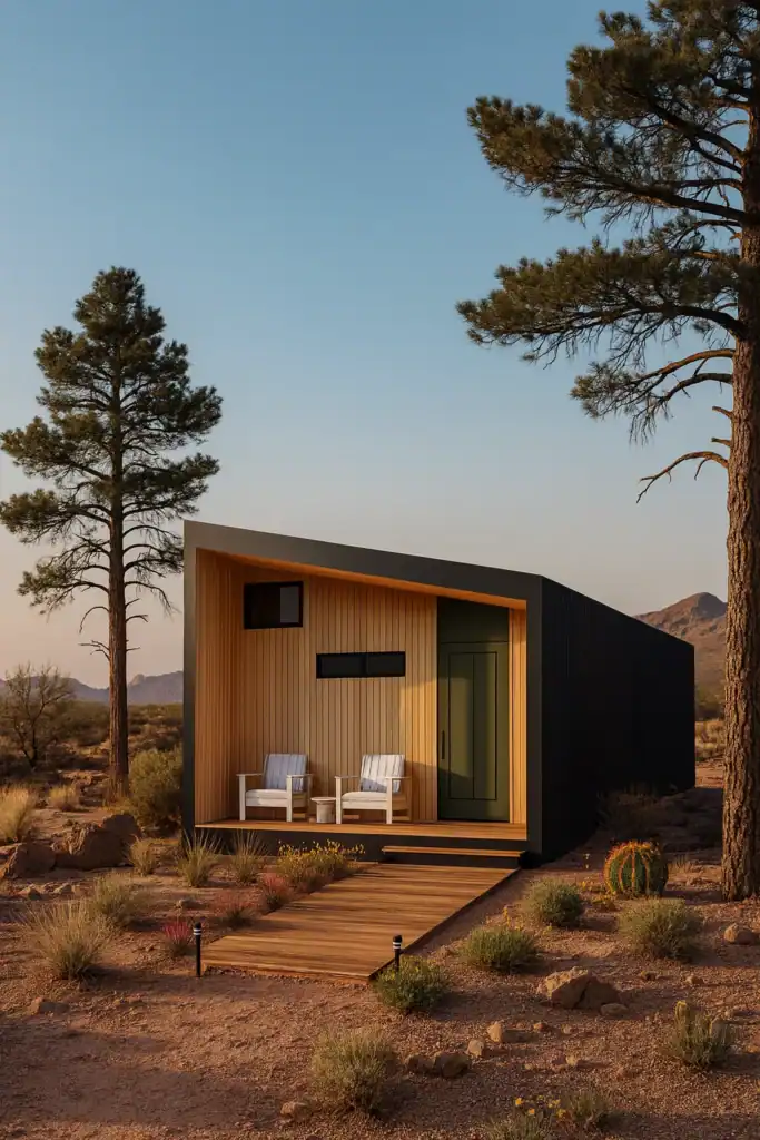 Modern tiny home with a minimalist design in a desert landscape.