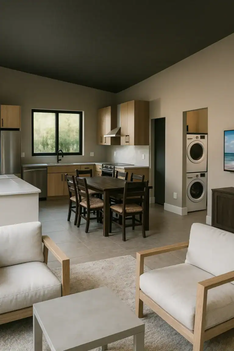 Open-concept living and kitchen area in a Zip Kit home in Bozeman.