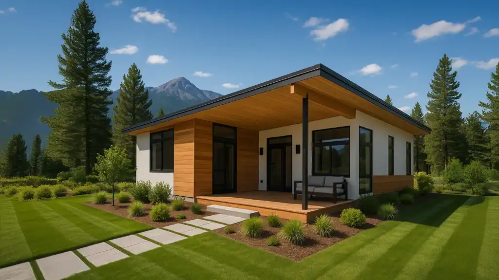Contemporary zip kit home with large windows and wooden accents in a scenic mountain setting.