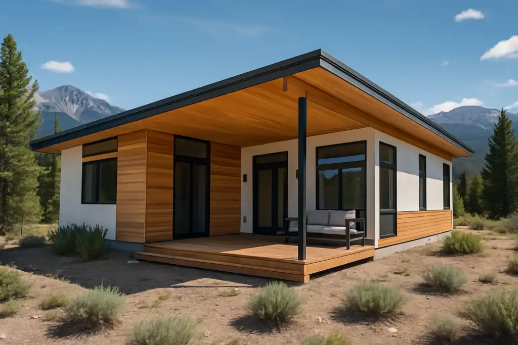 Willow floor plan with clean lines and large windows set in a desert landscape