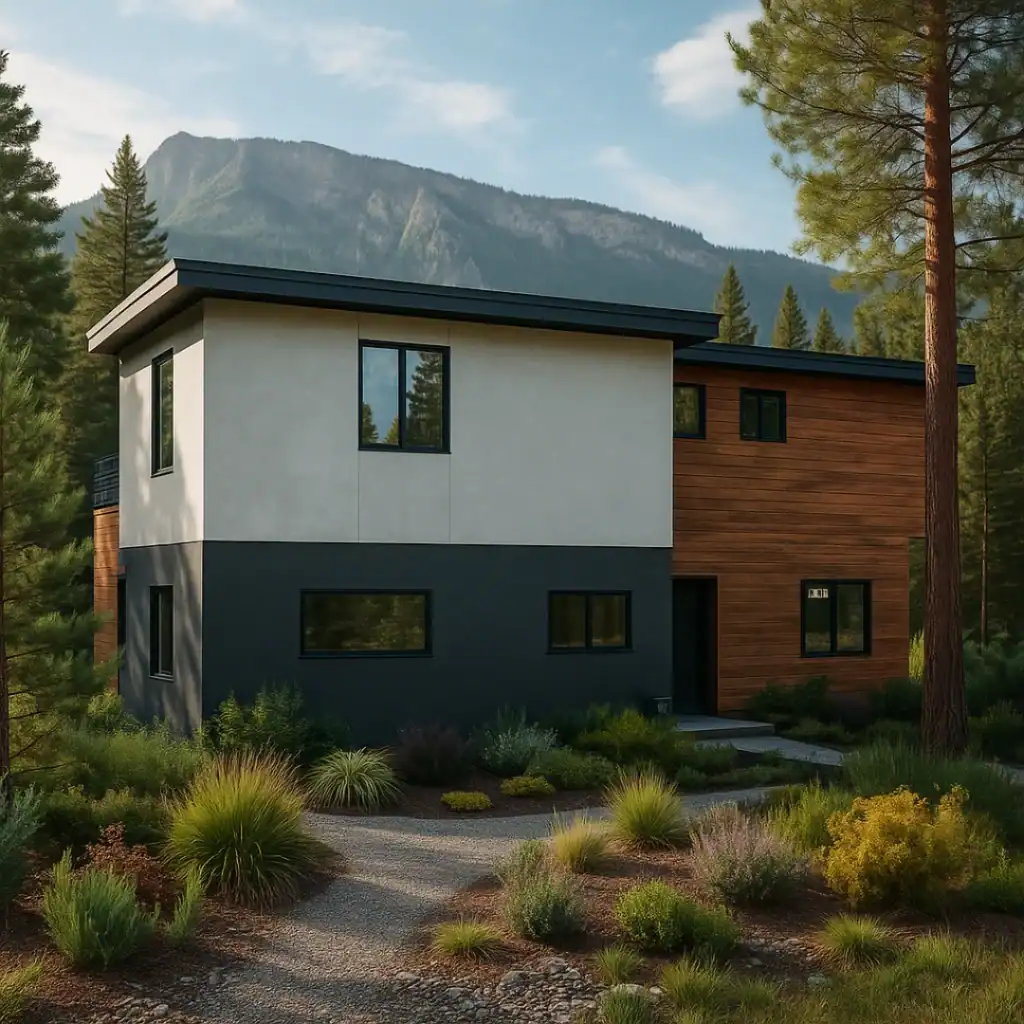 Contemporary Columbia home with mixed materials, large windows, and second-story balcony.