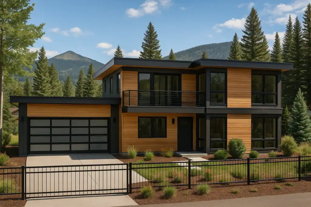 Olympic modern two-story home with wood siding, balcony, and attached garage in a mountain setting