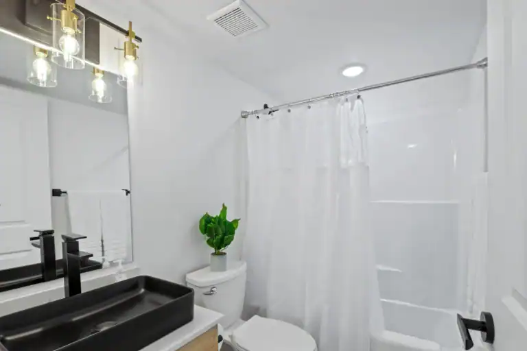 Contemporary bathroom with black sink, white walls, and shower curtain.