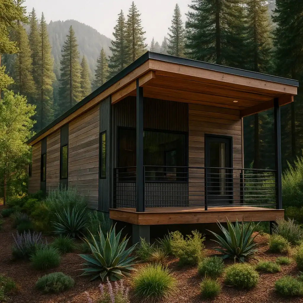 Modern tiny home with wood siding and a balcony in a forest setting.