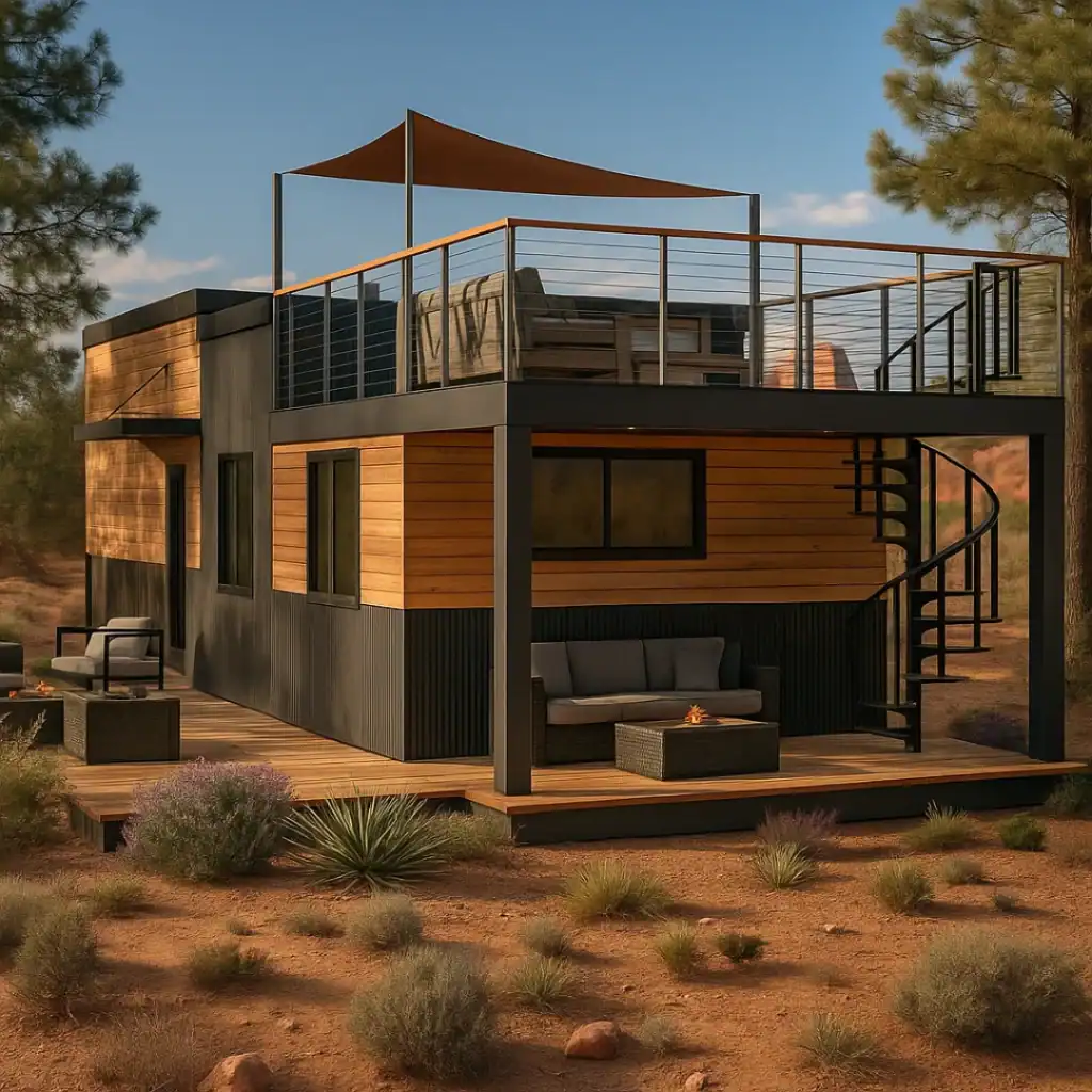 Contemporary Zip Kit home with rooftop deck and outdoor seating area.