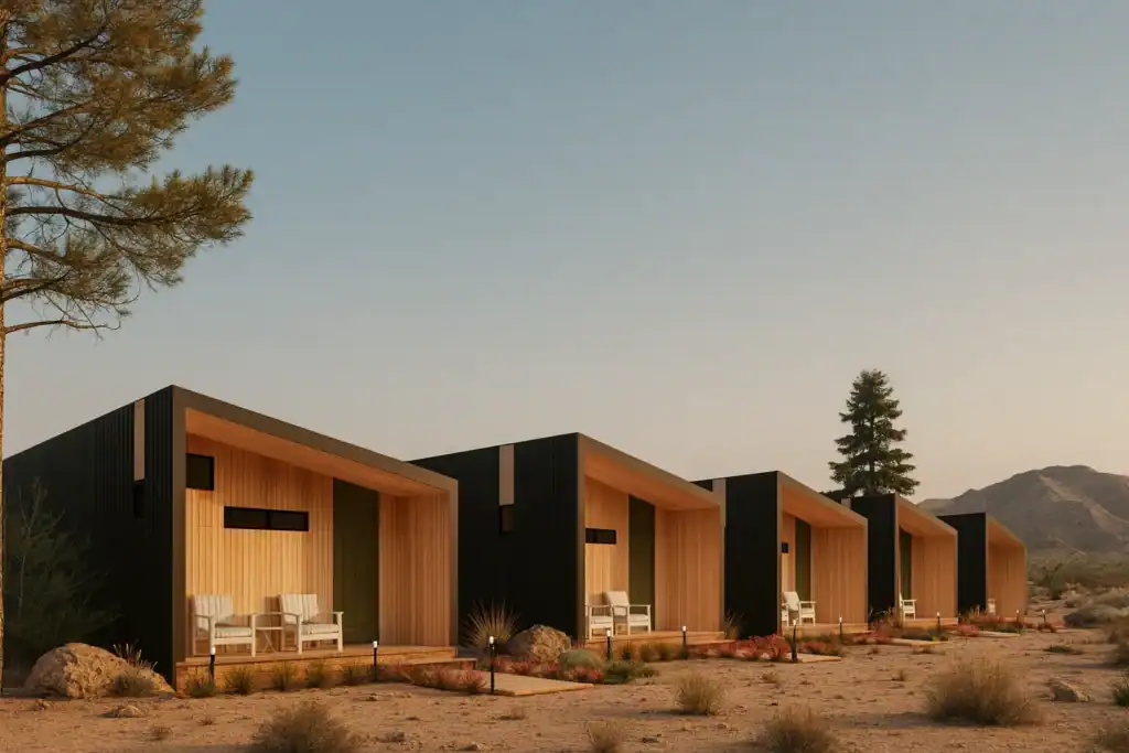 Contemporary Zip Kit Homes with wooden accents in Sierra landscape.
