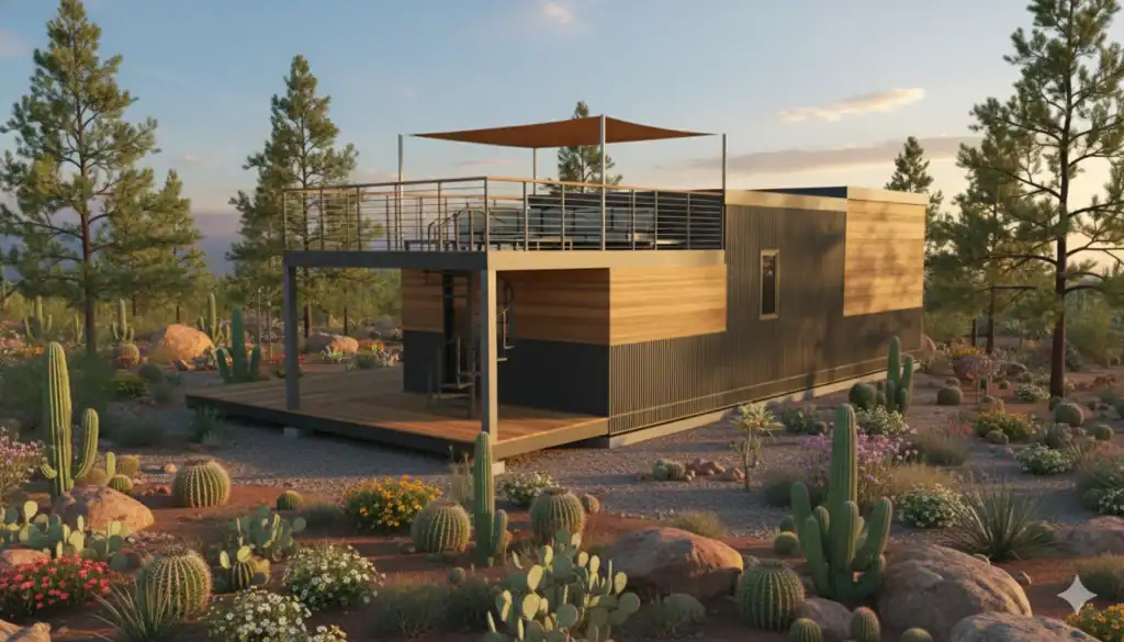 Contemporary Zip Kit modular home with rooftop deck in desert landscape.