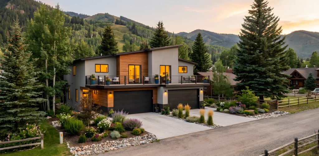 Contemporary Zip Kit home with large windows and mountain backdrop.