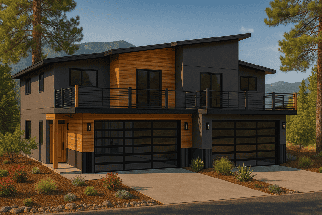 Contemporary panelized home with large garage and mountain backdrop.