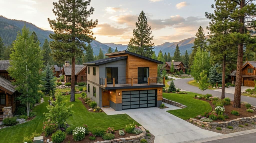 Contemporary panelized home with large garage and mountain backdrop.