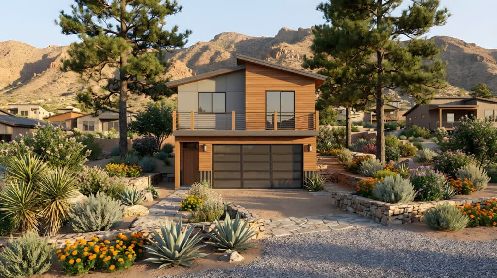 Contemporary panelized home with spacious garage and outdoor living space.