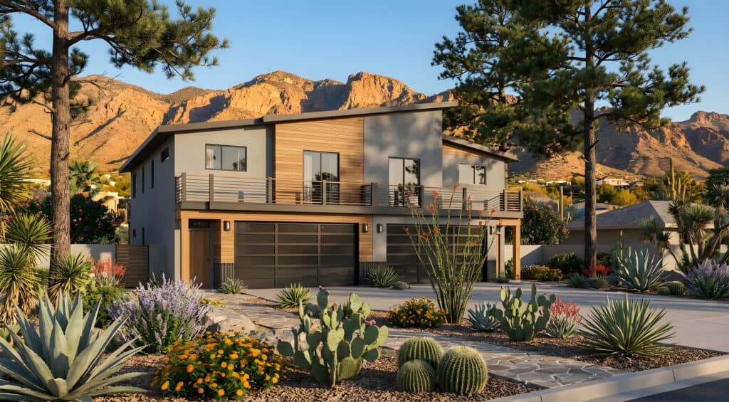 Contemporary panelized home with spacious balcony and desert landscape backdrop.