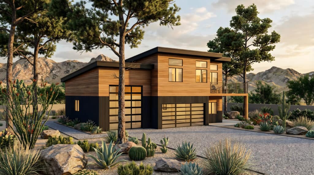 Contemporary panelized home with spacious garage and modern design.
