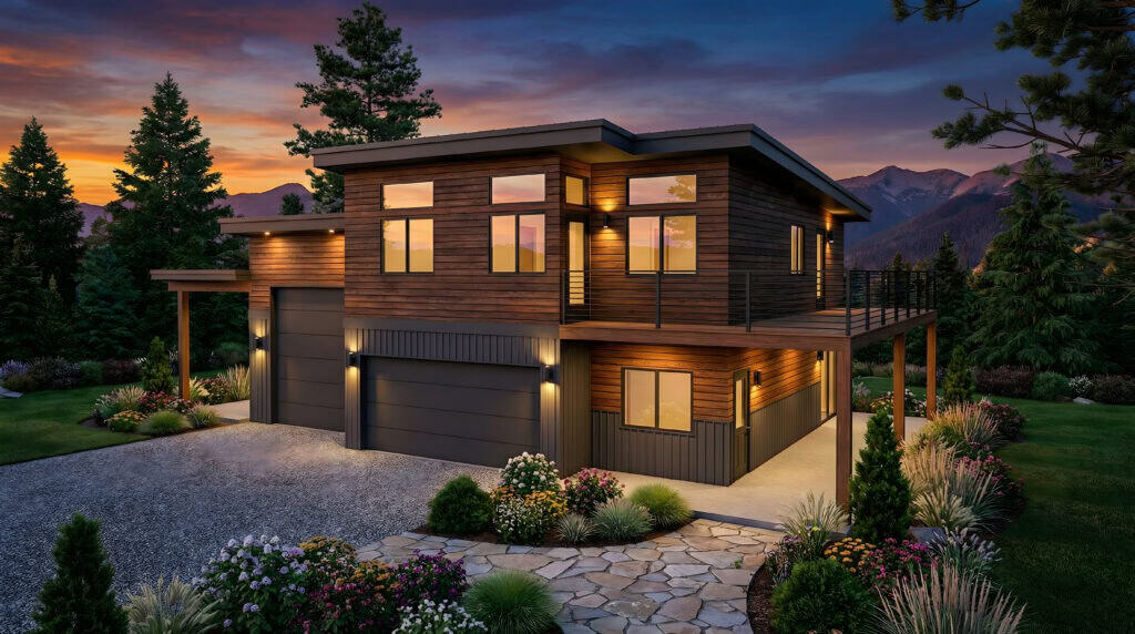 Panelized floor plan home with sleek design and large windows.