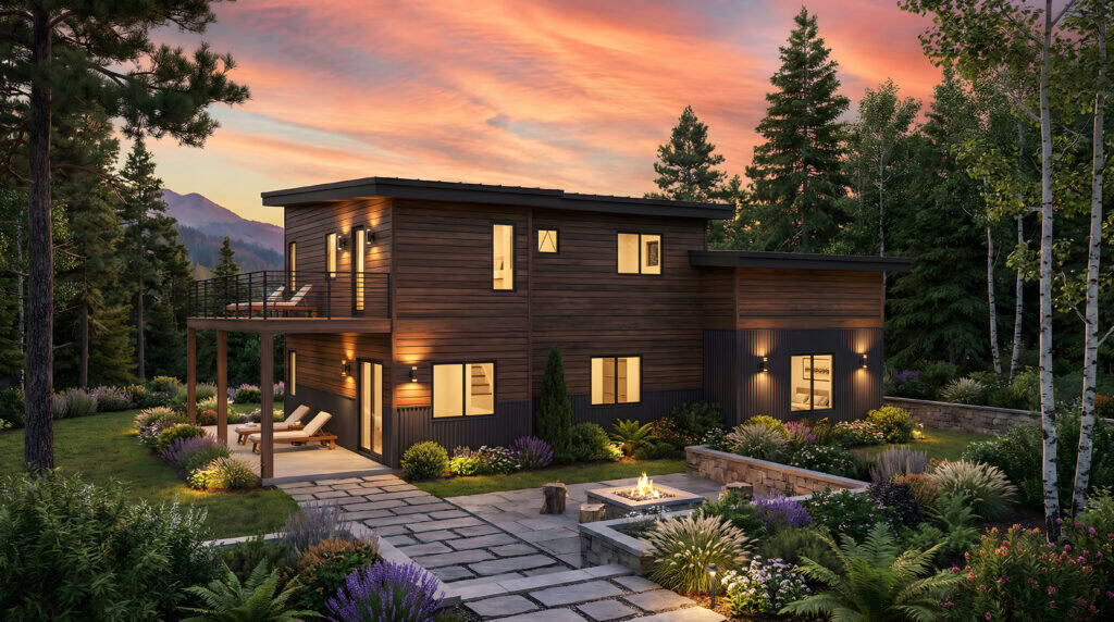 Contemporary panelized home with large windows and outdoor deck in a forest setting.