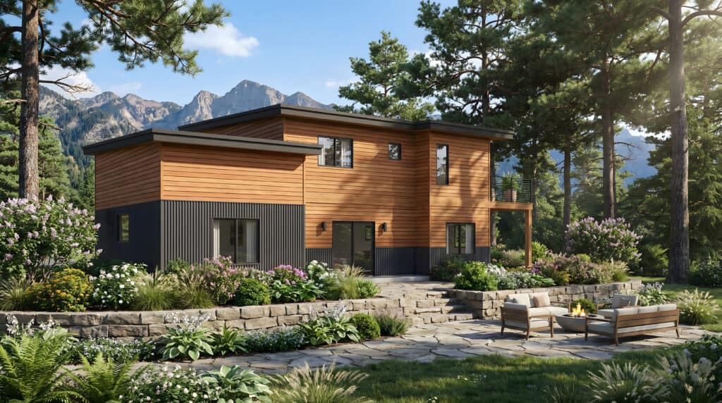 Modern Koda prefab home with wood and black exterior, surrounded by nature.