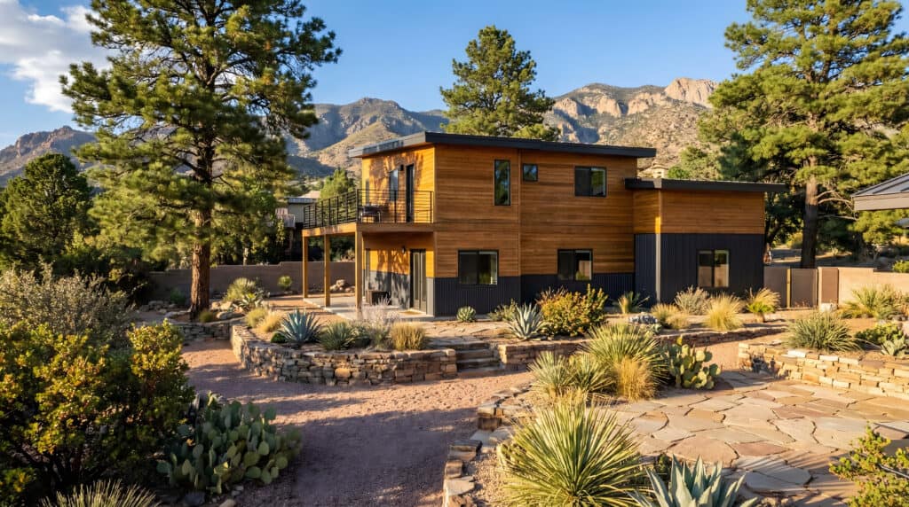 Modern Koda prefab home with wooden exterior in a scenic mountain setting.
