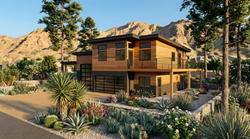 Contemporary panelized home with spacious design and natural wood exterior.