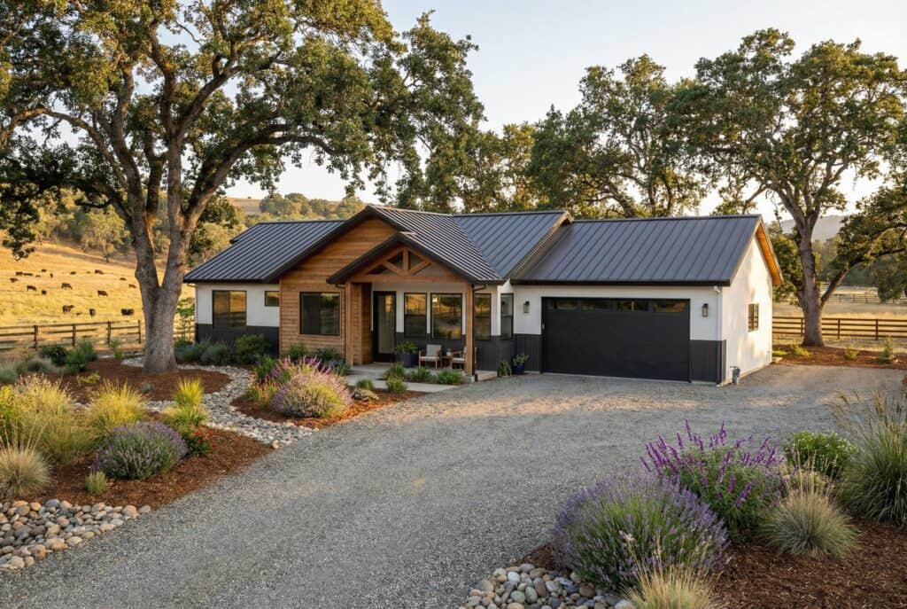 Modern Birch Zip Kit Home with black roof and wooden accents.