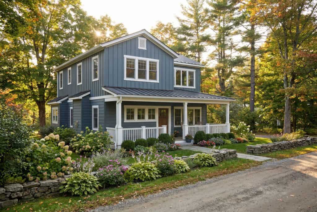 Zip Kit Home in Clyde with lush garden and wooded background.