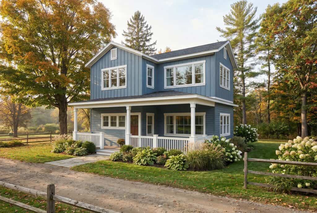 Modern blue two-story modular home with porch and large windows.
