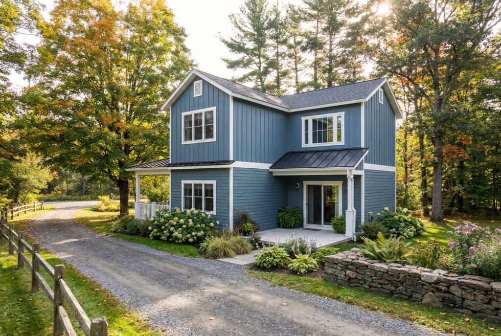 Beautiful blue modern cabin with white trim, surrounded by lush greenery.
