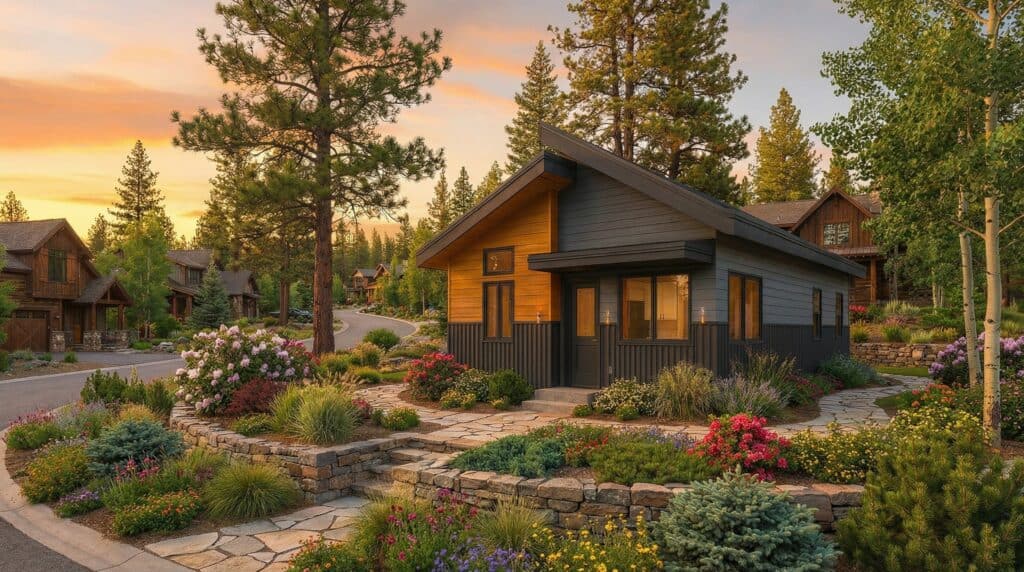 Beautiful panelized floor plan home surrounded by lush landscaping and trees.