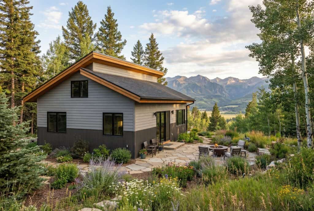 Contemporary panelized home with scenic mountain views and lush landscaping.