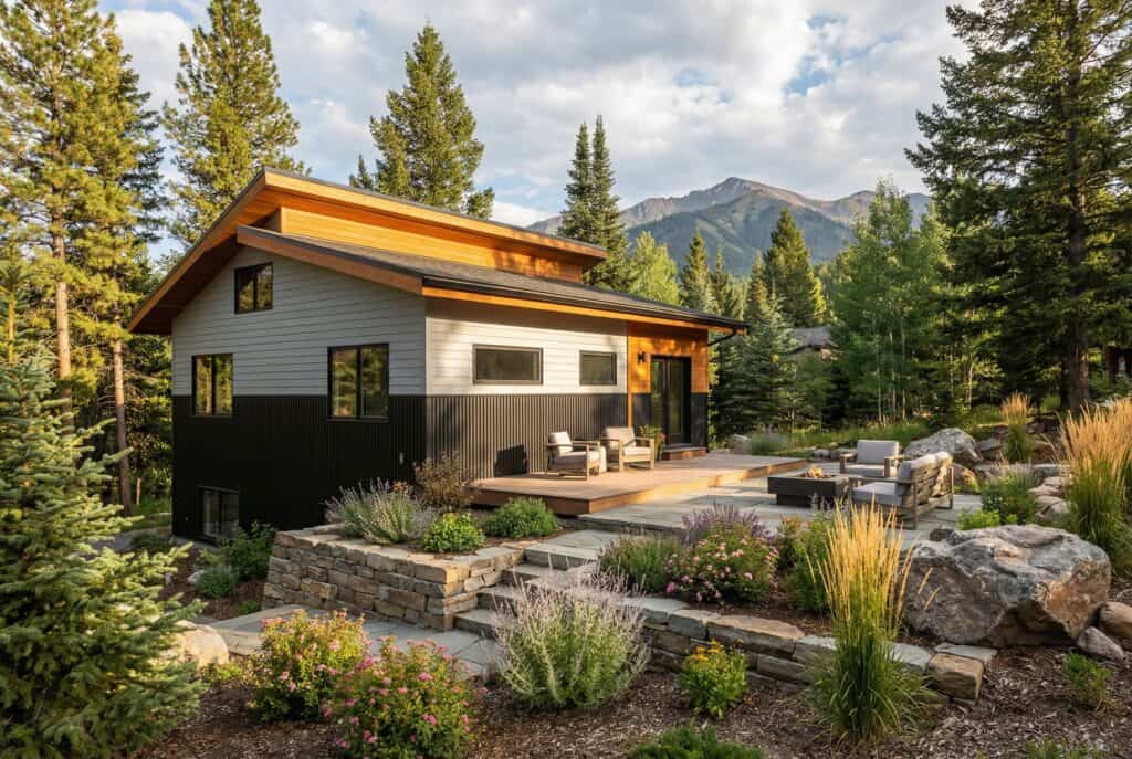 Contemporary panelized home surrounded by nature and mountain scenery.