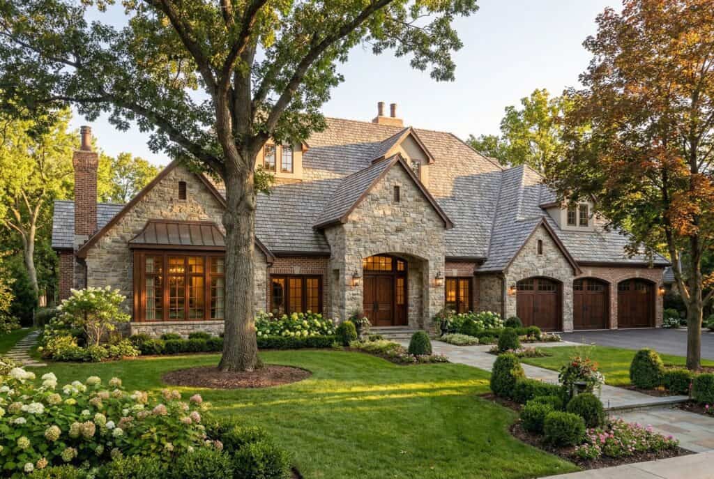 Elegant stone and wood house with lush garden and driveway.