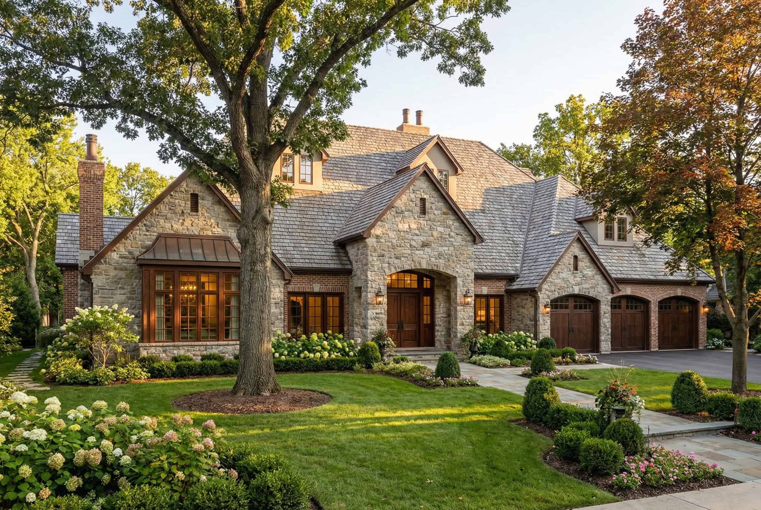 Elegant stone and wood house with lush garden and driveway.