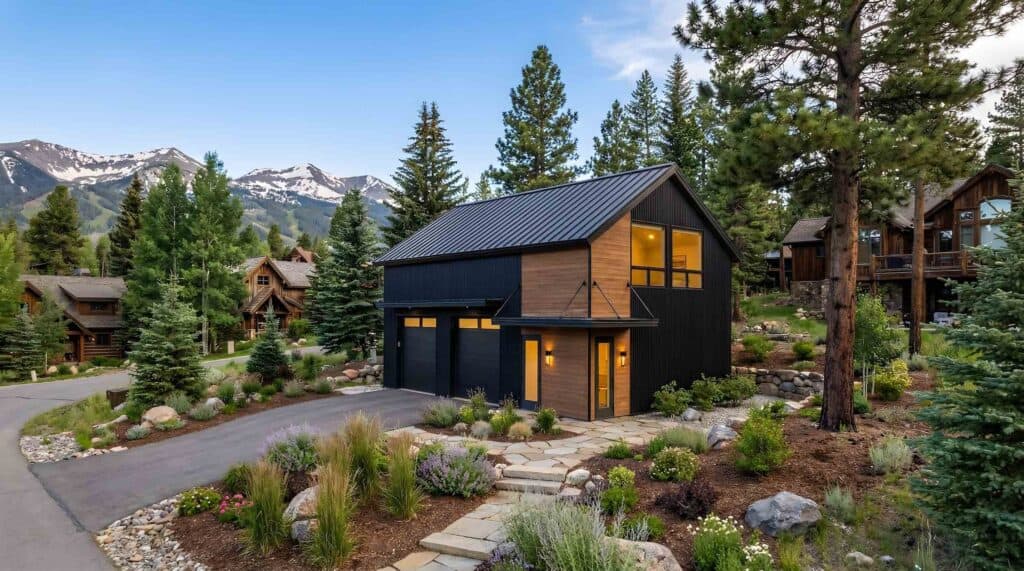 Apache modern barndominium-style home with black vertical siding, wood accents, gabled roof, and lower-level shop with two-car garage.