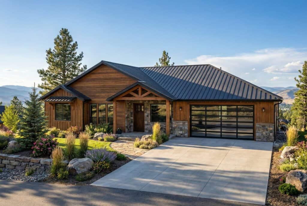 Cedar country style family home by Zip Kit Homes featuring wood and stone siding, cabin inspired design, 4 bedroom open concept floor plan, and modern craftsman details.