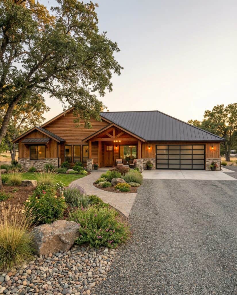Cedar country style family home by Zip Kit Homes with wood siding and stone accents featuring a 4 bedroom open concept floor plan and cabin inspired craftsman design.