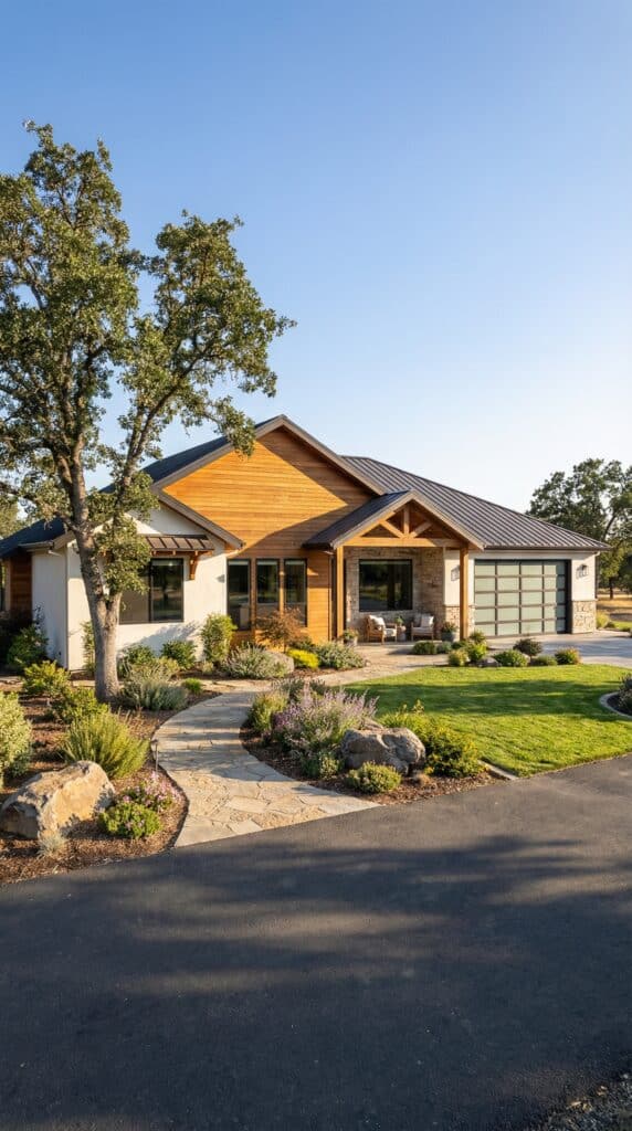 Cedar ranch style family home by Zip Kit Homes with craftsman influenced design featuring a 4 bedroom open concept floor plan and spacious single story layout.