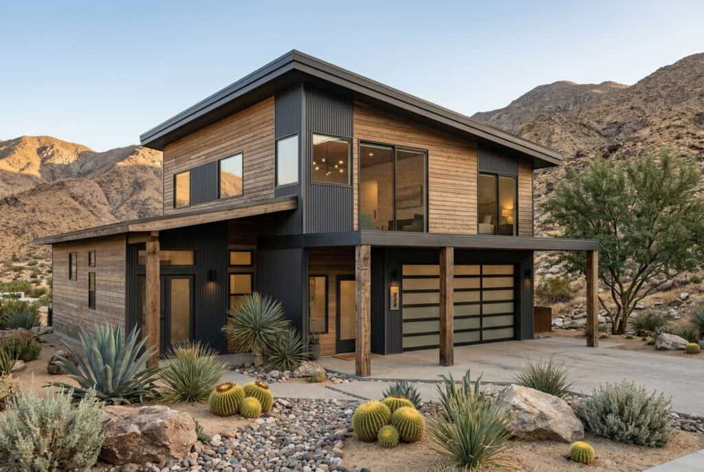 Contemporary Mesa-style zip kit home with wood and metal exterior, desert landscape backdrop.