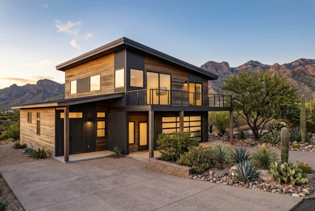 Contemporary Mesa-style tiny home with modern design and desert landscape backdrop.