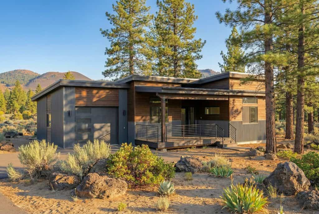 Modern single-story home with wood siding, black metal accents, and covered porch in a pine forest setting