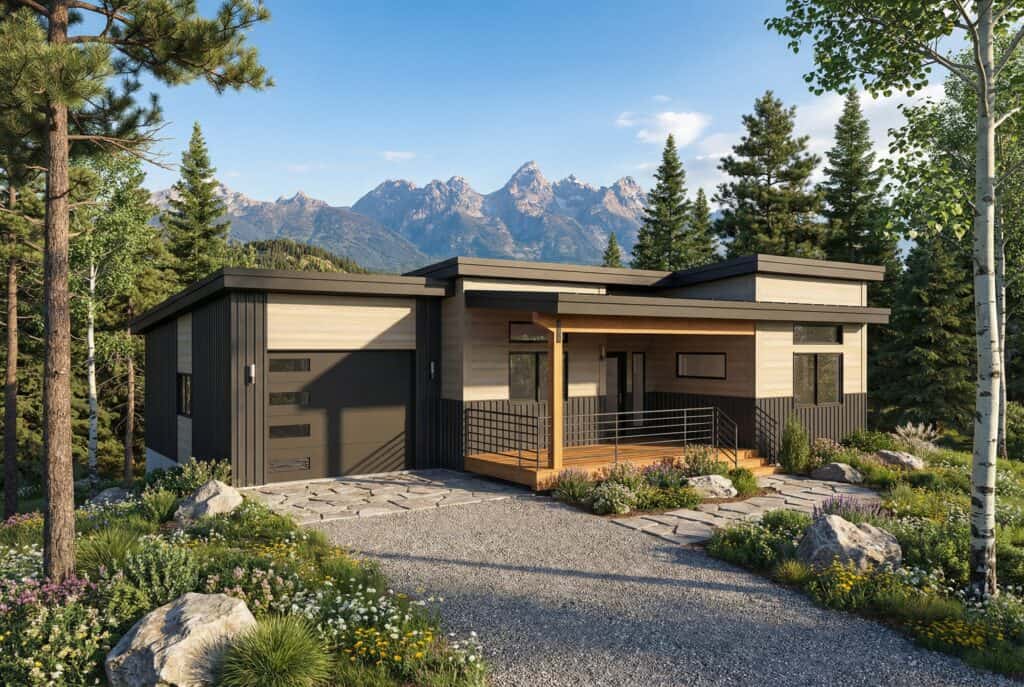 Sequoia by Zip Kit Homes mountain modern home with attached garage, covered porch, and alpine mountain views