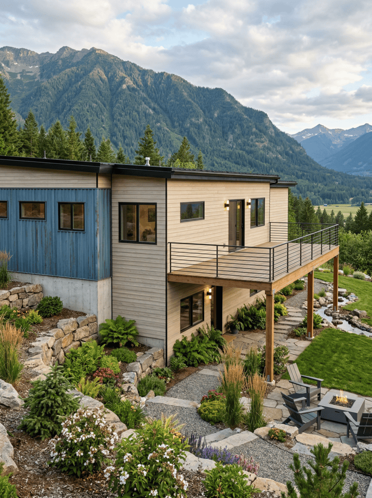 Sequoia by Zip Kit Homes mountain modern home with covered porch, stone retaining walls, and landscaped yard in a forested mountain setting
