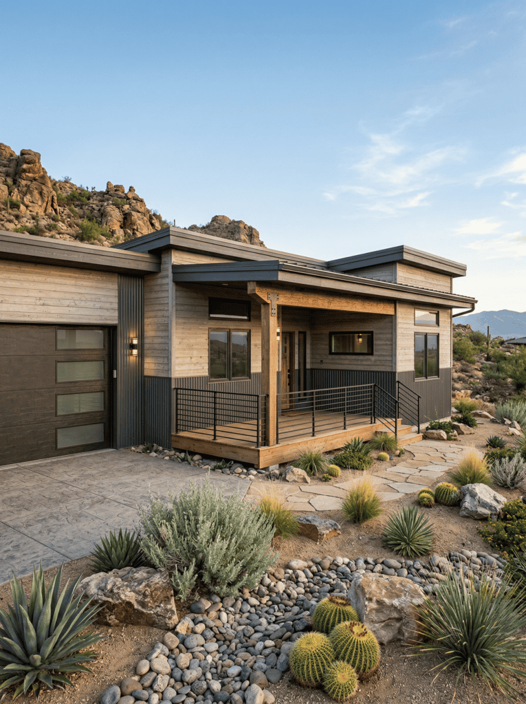 Sequoia by Zip Kit Homes single-story mountain modern home with garage, wood and metal exterior, and desert landscaping