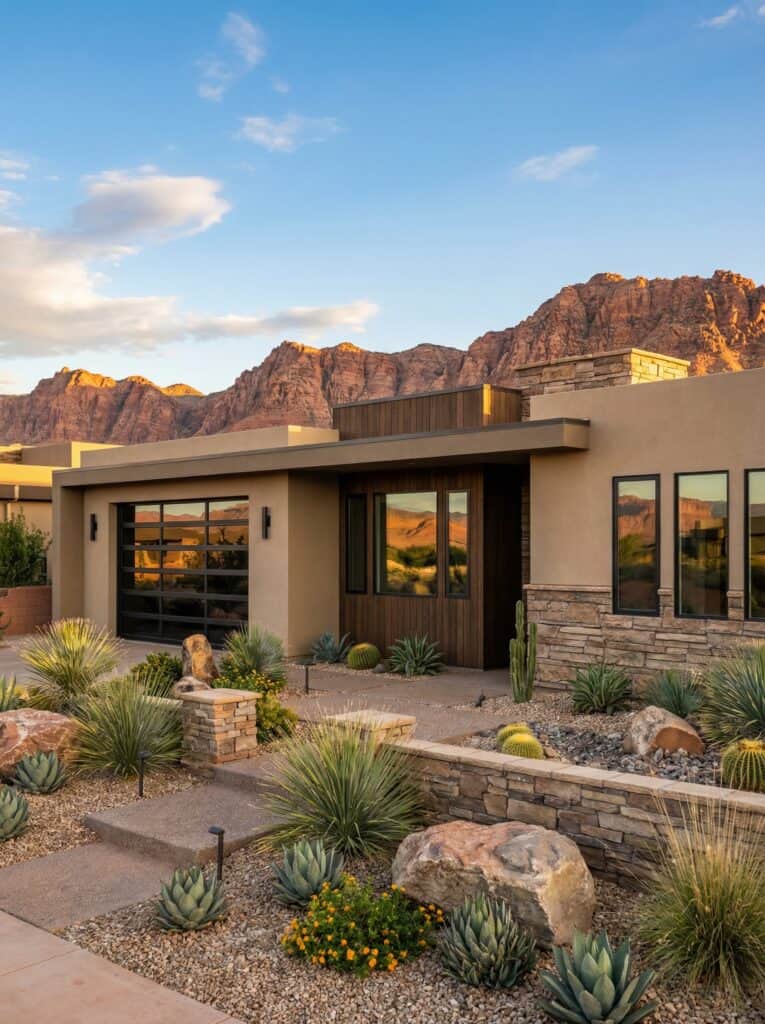 Modern desert style family home by Zip Kit Homes. This floor plan has a integrated ADU and mid-century inspired architecture.